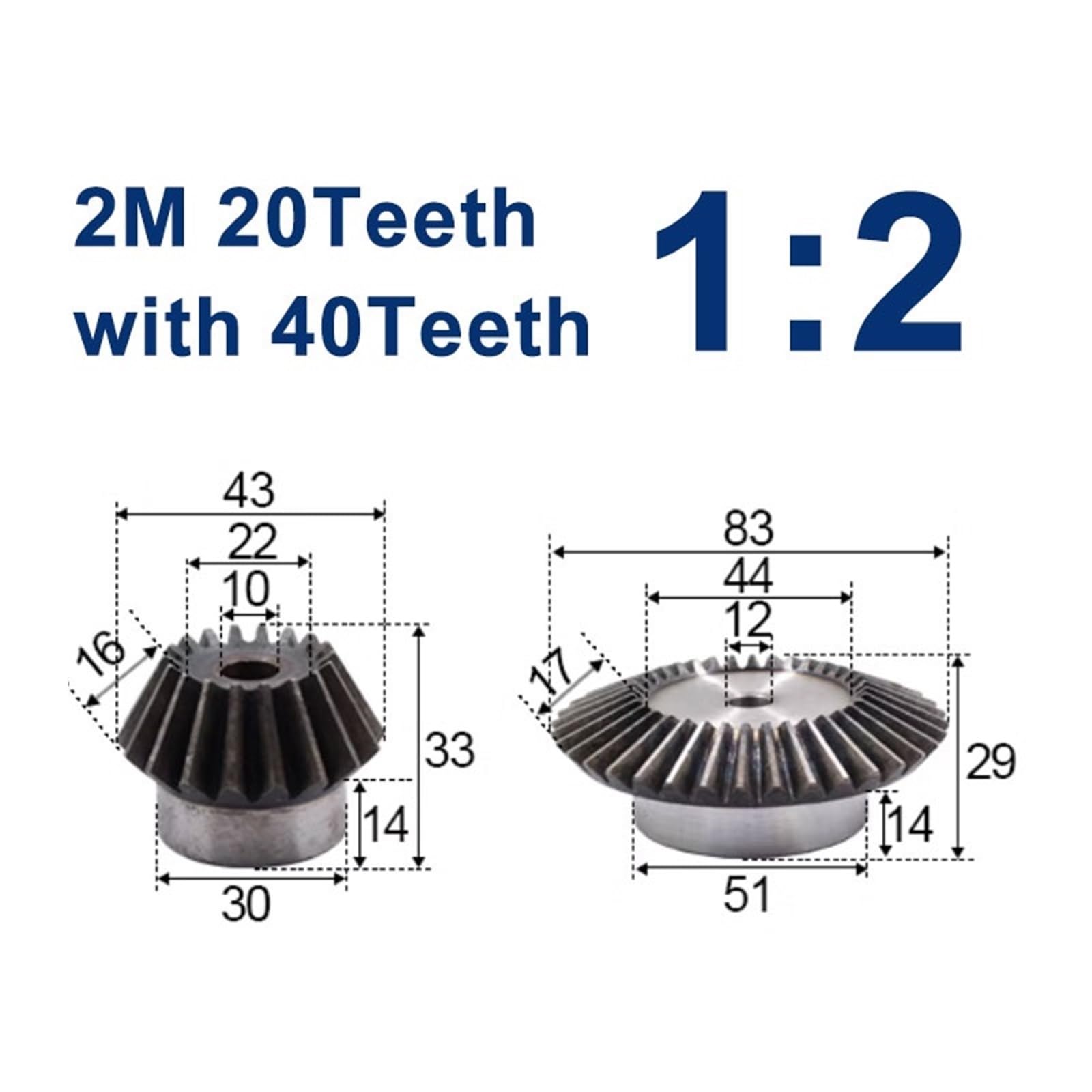 1 set 1:2 ingranaggi conici 2 moduli 20 denti + 40 denti 90 gradi trasmissione commutazione ingranaggi in acciaio ingranaggi in acciaio