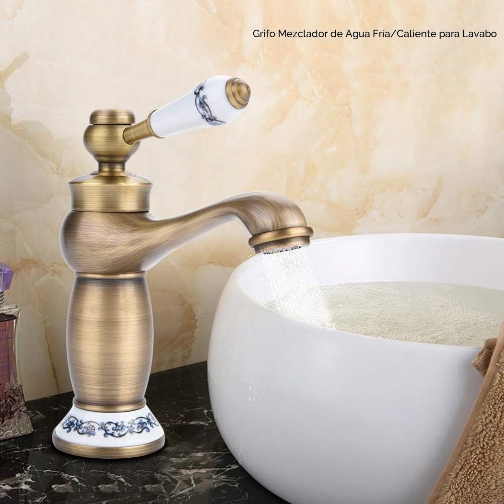 Grifo monomando de agua fría y caliente de latón con estampado floral para lavabo de cocina, baño (antiguo)