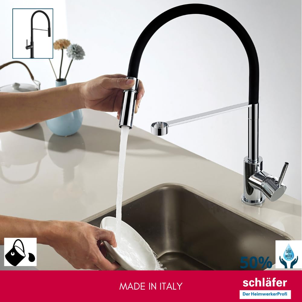 Schläfer 35406520 | Mezclador fregadero cocina negro brillante, boca giratoria 360°, grifo cocina profesional con alcachofa orientable, grifo fregadero con ducha serie Move de latón