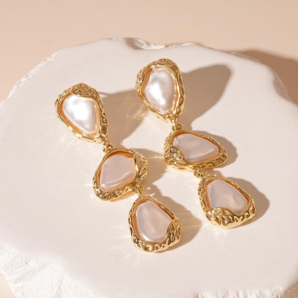 Gold Pearl Dangle Earrings for Women Chunky Gold Statement Drop Earrings Vintage Big Pearl Bridesmaid Earring Trendy Prom Wedding Jewelry Gift - Image 5