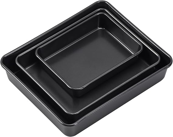Nonstick Roasting Pan, Deep Baking Pan Set, Large Cake Pan Sets for Oven, 3-Piece Brownie Pan (Black)
