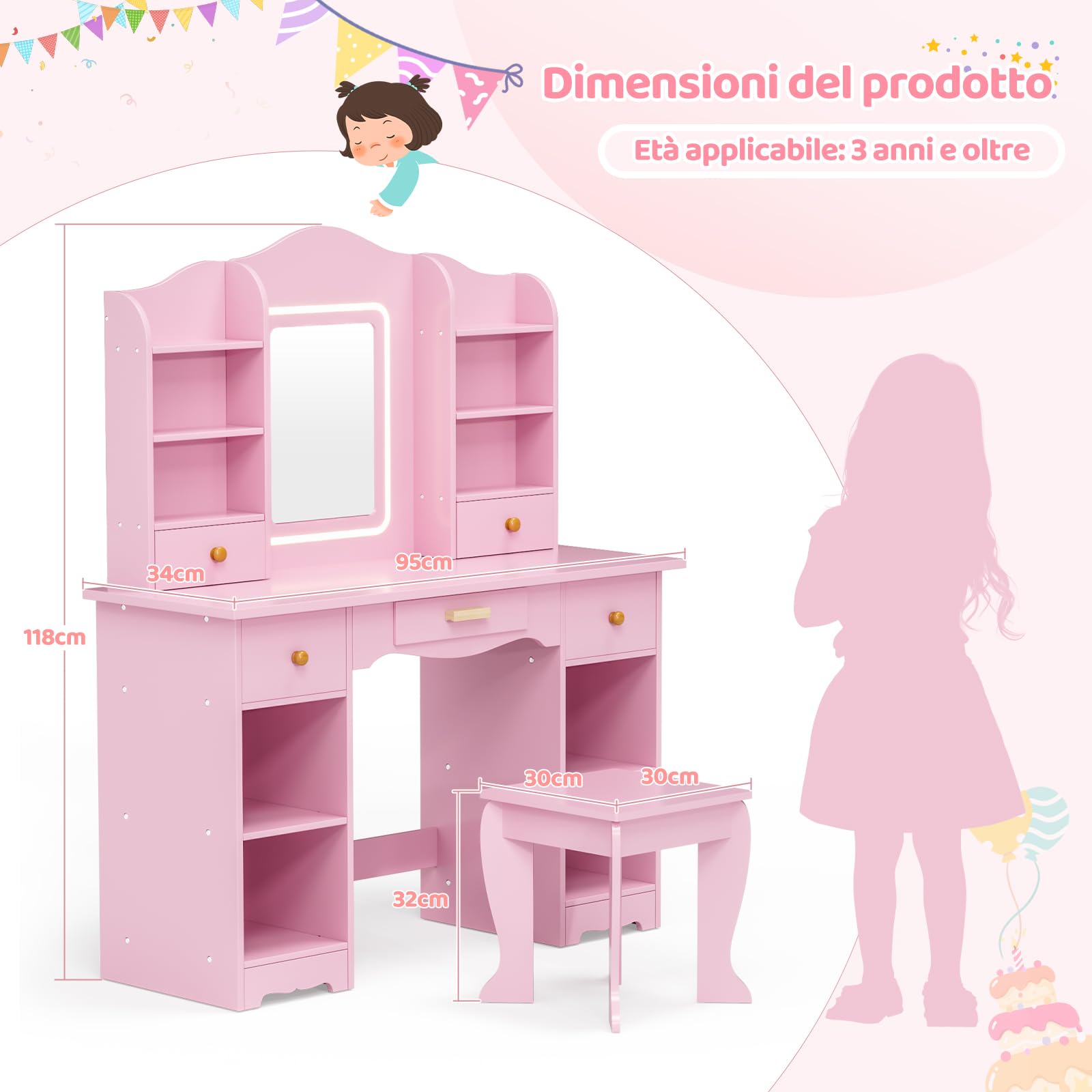 MAMIZO Toeletta Trucco Bambina con Sgabello LED, Toeletta per Bambini con Sedia, 5 Cassetti e 10 Scomparti Portaoggetti, 3 Modalità di Illuminazione Regolabili, 95x34x118cm, Rosa