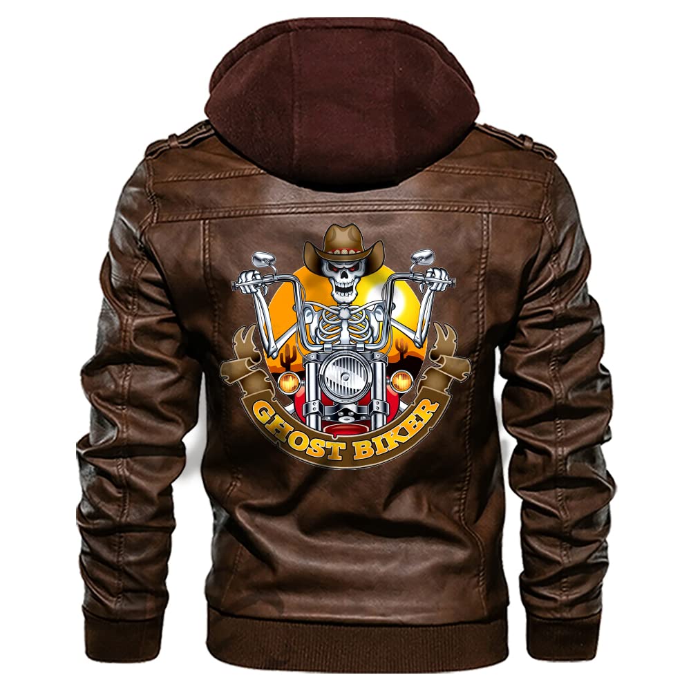 orealexpress Classic Biker Style with Skeleton Rider, Custom Name, Personalized Mens PU Leather Coat Custom Motorcycle Jacket Removable Hood Brown