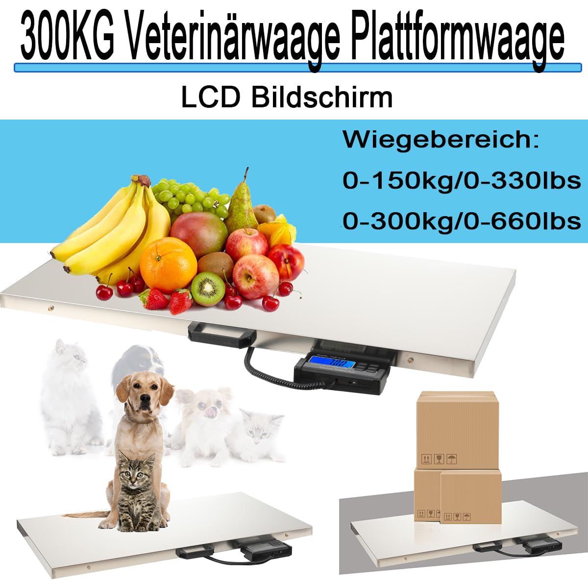Veterinärwaage 103x53cm, 150kg/50g 300kg/100g Bodenwaage Plattformwaage, LCD Digitalwaage Große Tierwaage Hundewaage Paketwaage Haustierwaage