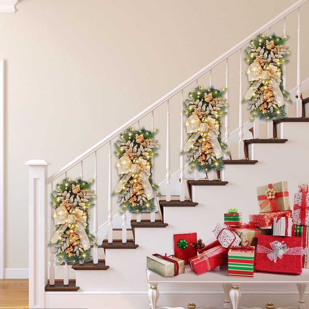 Couronne de Porte de Noël, Couronne de Noël Artificielle Pré-Illuminée,Couronne de l'Avent pour Cheminée D'escaliers de Noël- décoration de Noël (Color : Gold, Size : 4PCS)