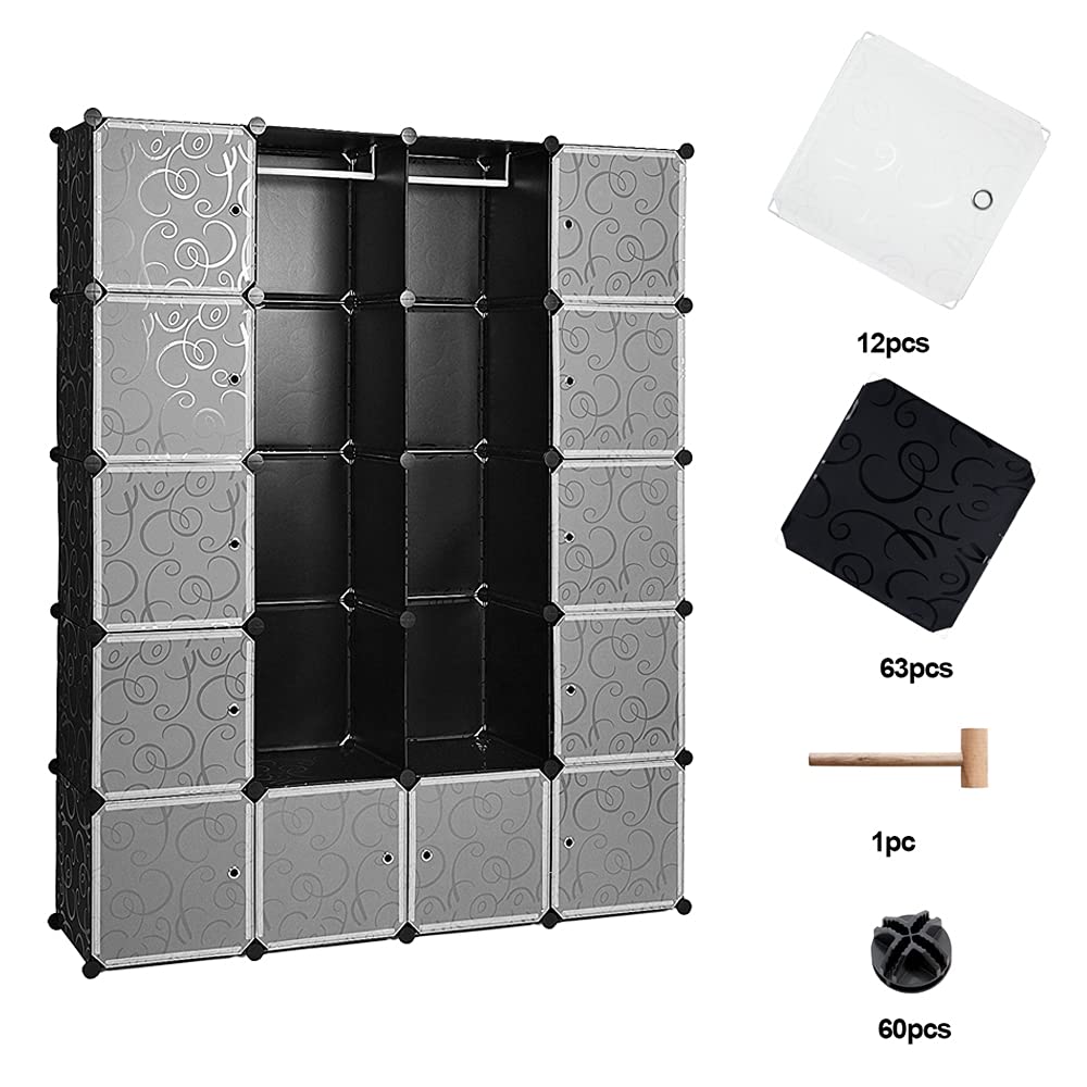 Eulenke Armadio a cubi in plastica: Sistema di 20 cubi resistenti, 2 asta per abiti, 12 porte e guardaroba. Capacità di 10 kg per cubo. Montaggio facile, accessori inclusi.