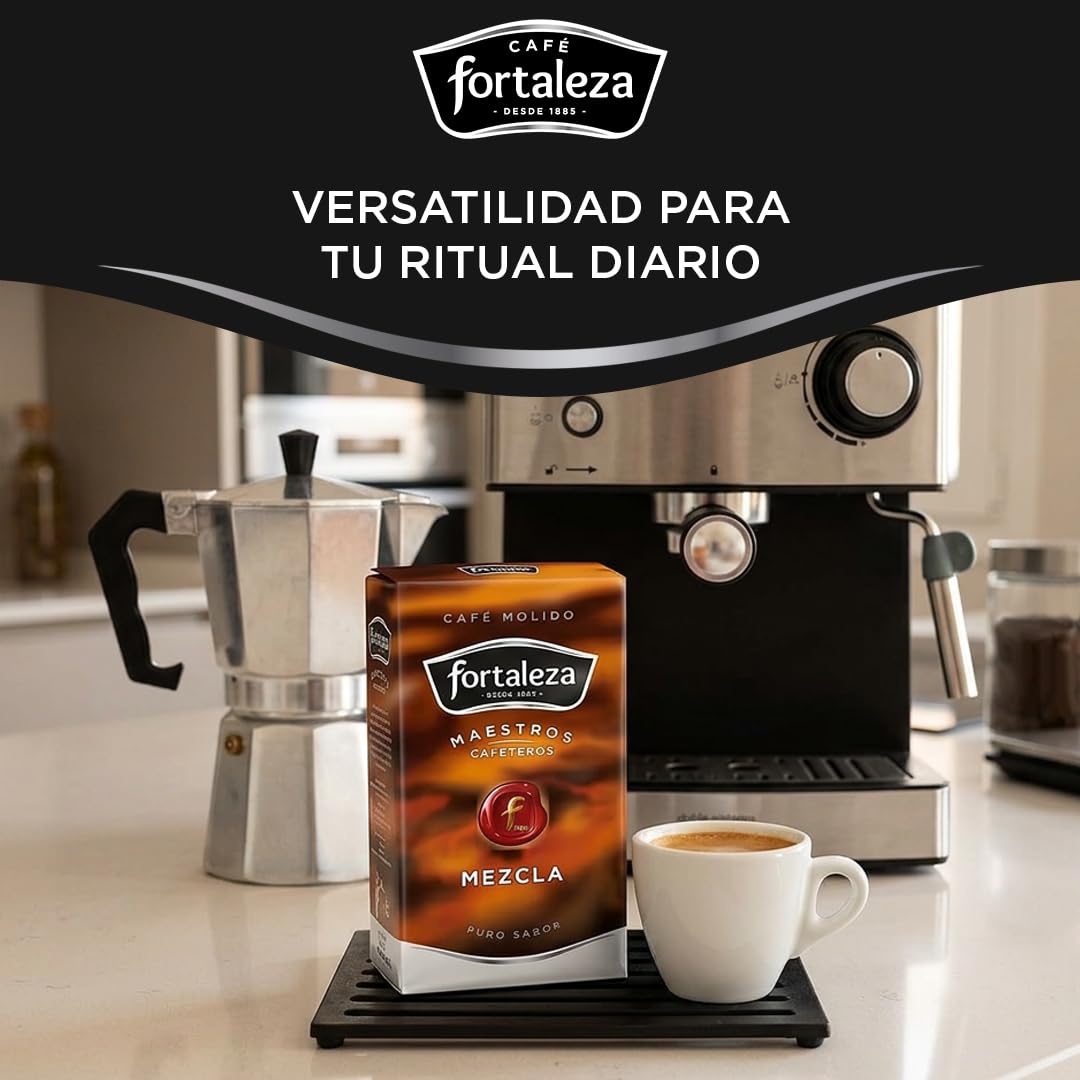 CAFÉ FORTALEZA Café Molido Intenso con Tueste Natural y Torrefacto Pack 250g x 12 - Total 3 Kg - Café Molido Arábica y Robusta con Matices Avainillados para Cafetera Italiana con Sabor Pleno
