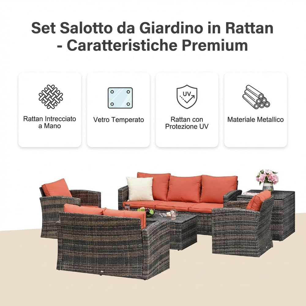 Salotto da Giardino Esterno Set Mobili 2 Divani 2 Poltrone e Tavolino con Cuscini in Rattan Pe Marrone Arancione