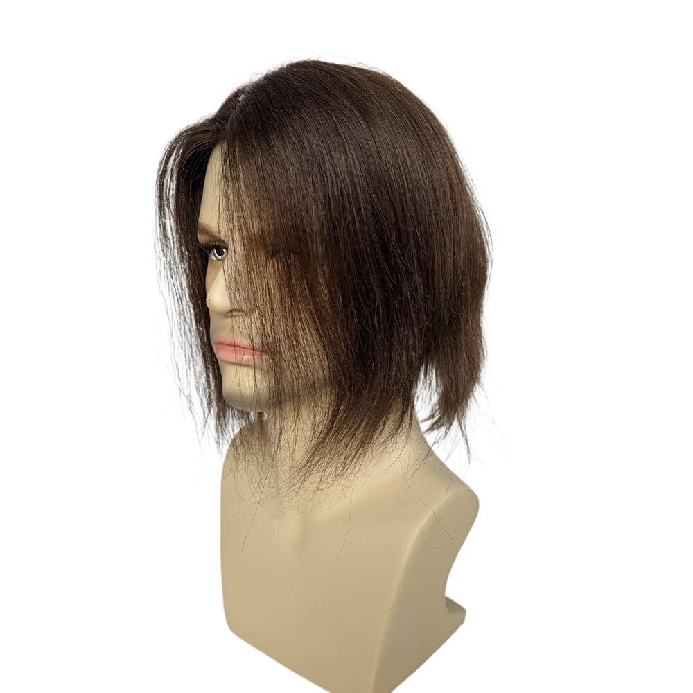 Men's Toupee 9" Indian Human Hair Men's Hairpiece Toupee for Men 6"x8" Fine Mono with PU Base Male Hair Prosthesis(Brown Color)