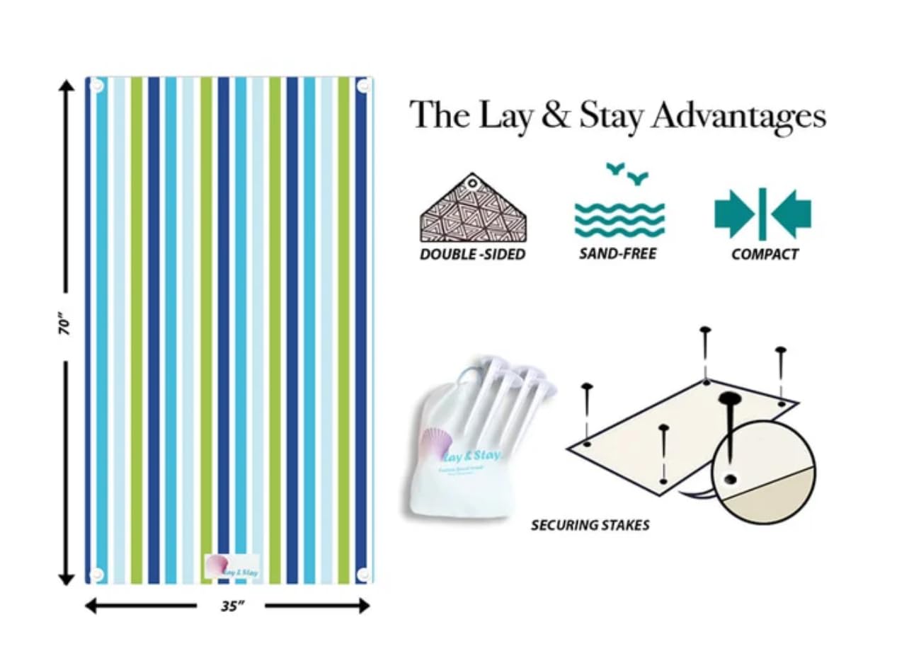 Lay N Stay Beach Blanket/Towel with Securing Sand Stakes Sand-Free, Super Absorbent, Quick Dry, Compact, Perfect for Beach, Yoga, Picnic, Camping, Travel (Harbor)