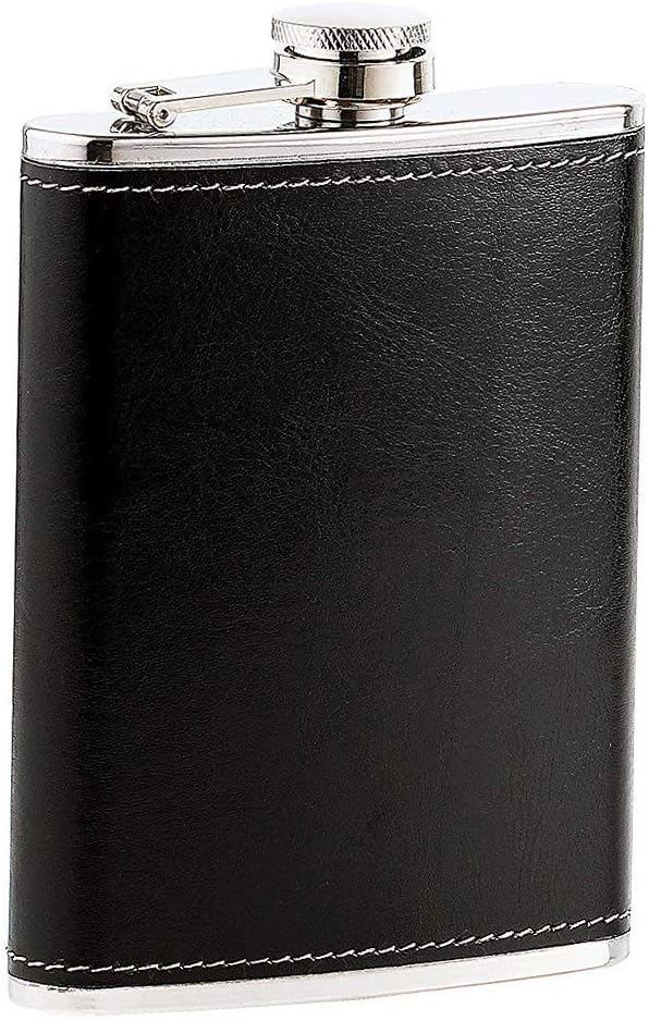 AmigozZ Stainless Steel And Stitched Leather Hip Flask 8 Oz (230 Ml) - Alcoholic Beverage Holder