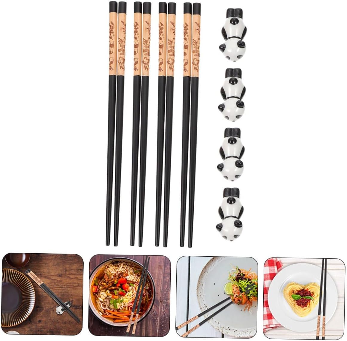 COLLBATH Panda Ceramic Chopstick Rest Set with 12 Wood Chopsticks, Three-color Sticks and Porcelain Holders, Chinese Style Tableware for Home Dining