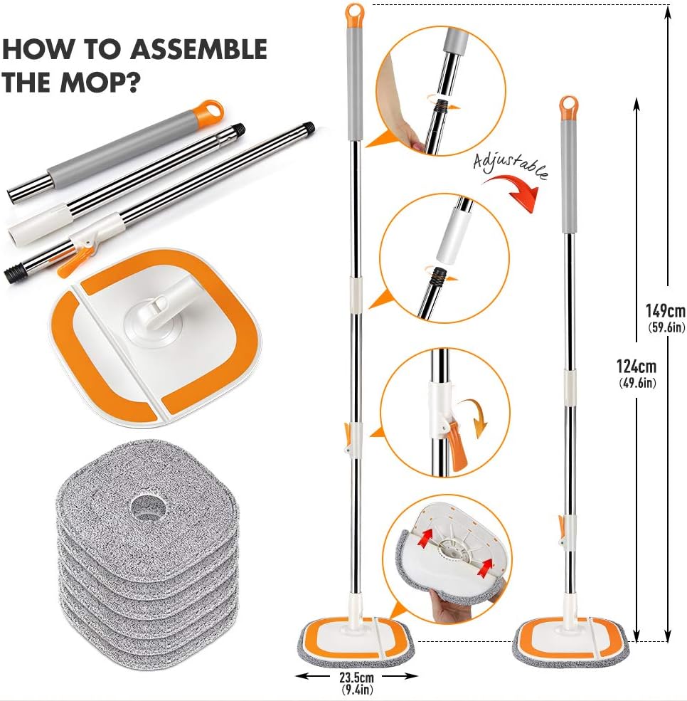 360 Self-Wringing 2 in 1 Spin Mop and Bucket System with Wringer,Comb,6PCS Reusable Washable Refills,Telescopic Handle for Most Types Floors Cleaning