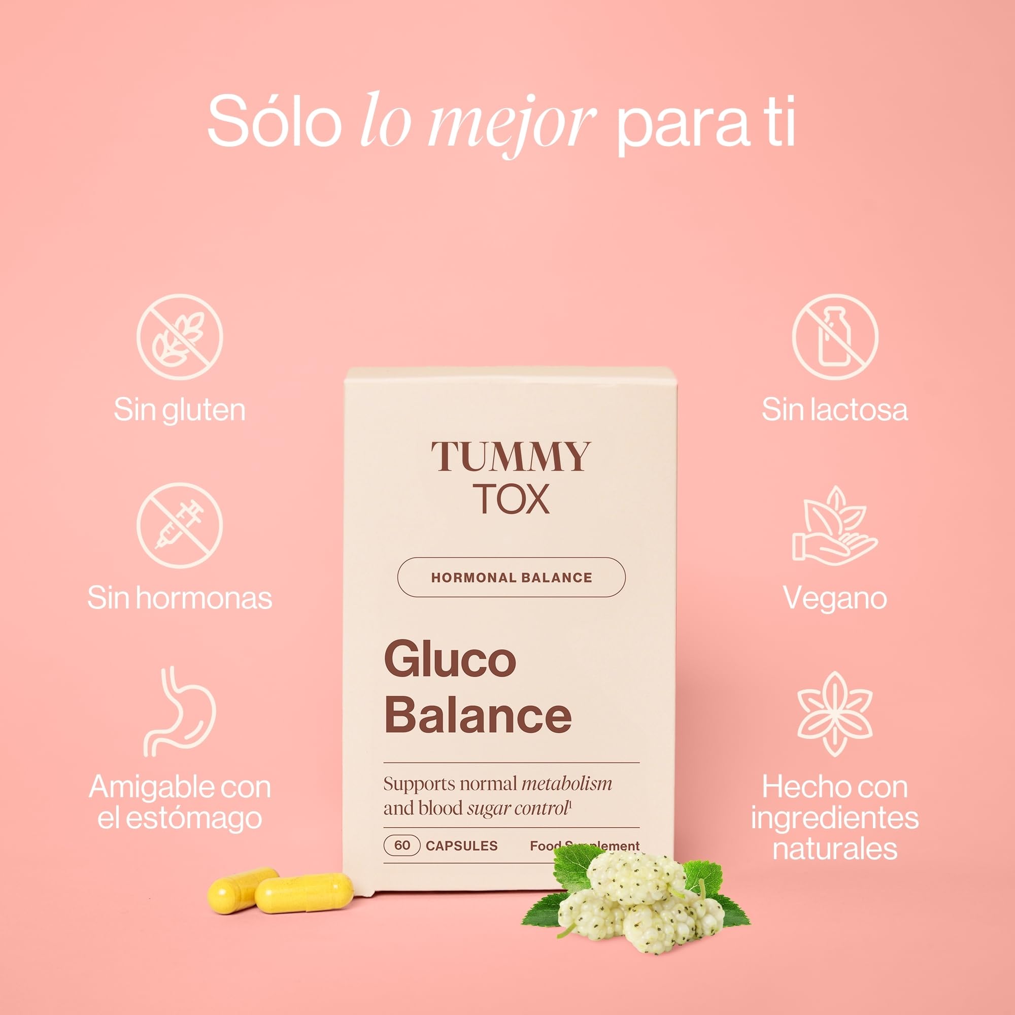 Tummy Tox Gluco Balance – Berberina, Cromo, Pimienta Negra y Morera Blanca – Apetito, Metabolismo, Niveles de Azúcar en la Sangre – 120 Cápsulas Veganas para 60 Días