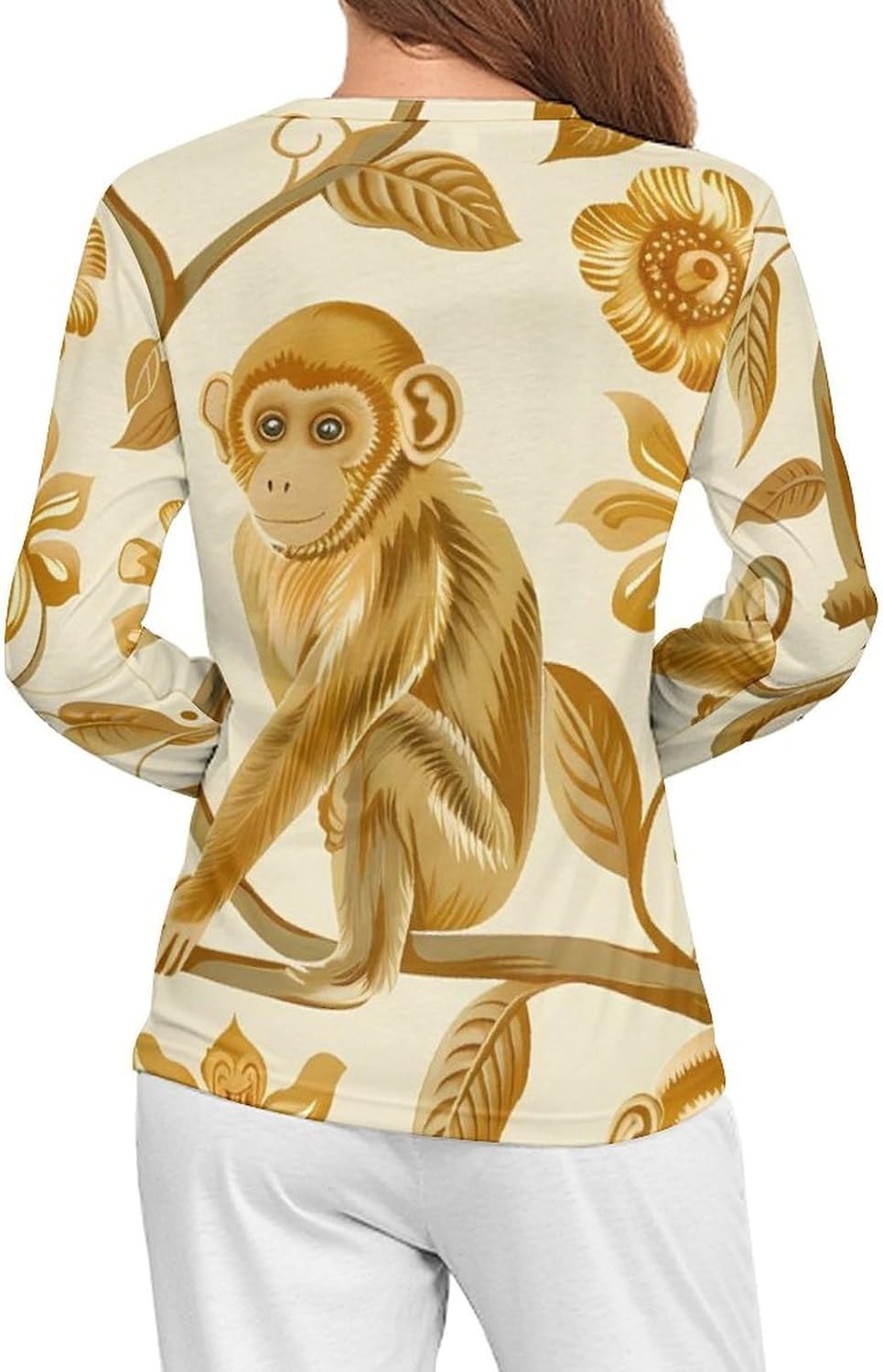 Beauty Golden Monkey Women's Pajama Top Sleepwear Pajamas Sleep T-Shirt Long Sleeve Shirt Crewneck Tee