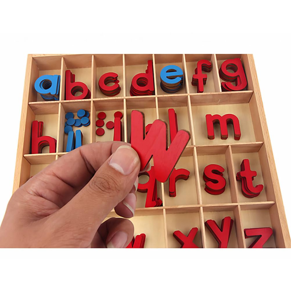 Alfabet Ruchomy Montessori - Drewniane Małe Litery z Pudełkiem i Matą, Czerwone Spółgłoski i Niebieskie Samogłoski