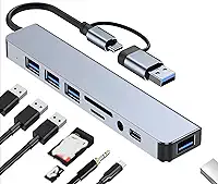 Hub Adaptador USB-C 8 em 1, 4 Portas USB 3.0, Leitor de Cartão SD/TF, Entrada de Áudio 3.5mm, Compatível com MacBook, Windows, Linux