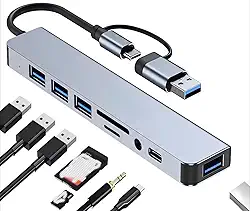 Hub Adaptador USB-C 8 em 1, 4 Portas USB 3.0, Leitor de Cartão SD/TF, Entrada de Áudio 3.5mm, Compatível com MacBook, Windows, Linux