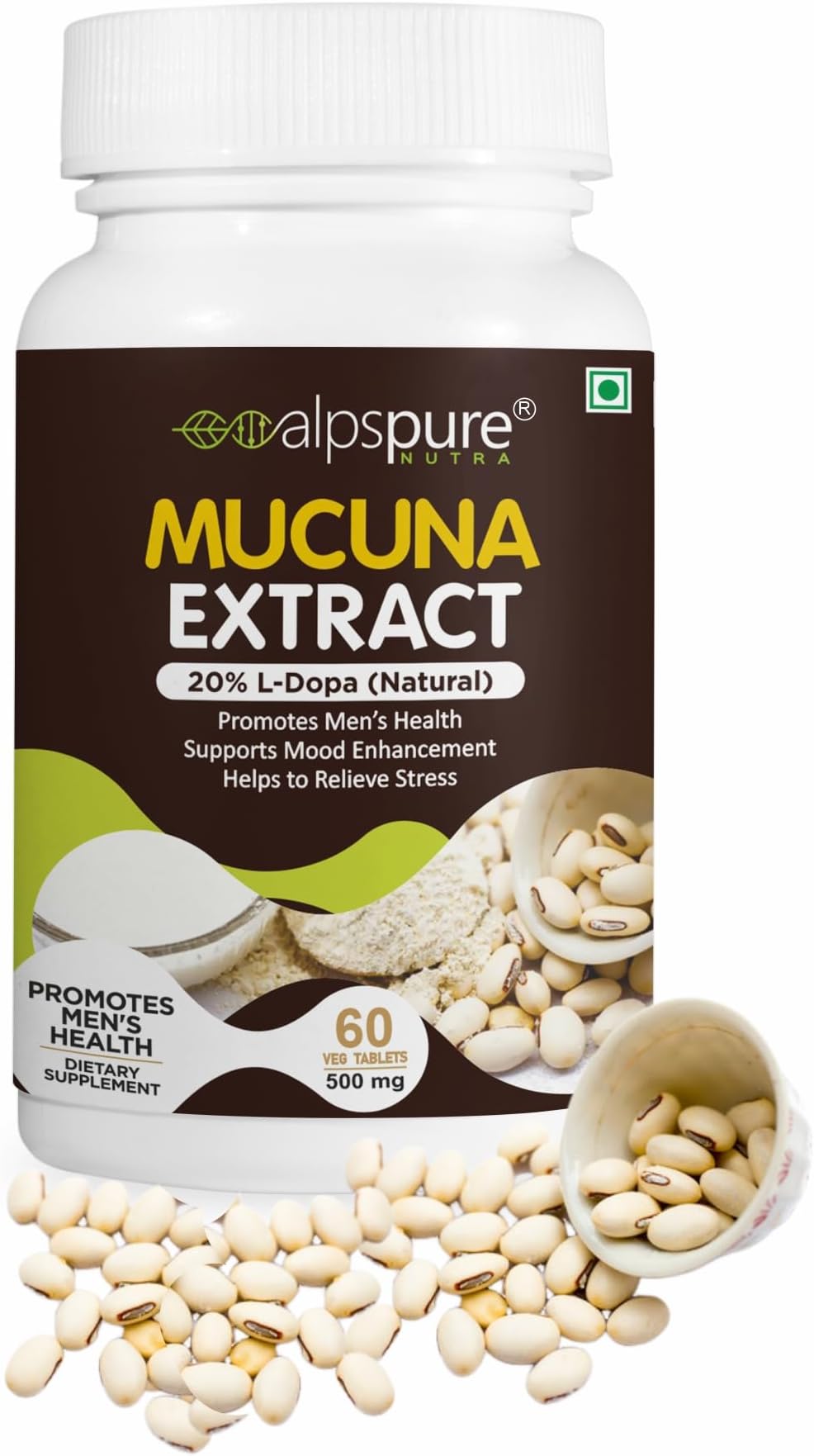 Nutra Mucuna Pruriens Extract Tablets 500 mg (60 Veg Tablets) Natural L-Dopa, Promotes Men's Vitality | Stress Reliever | Improves Brain & Nerve Function | Pure Kapikachhu pack of -1