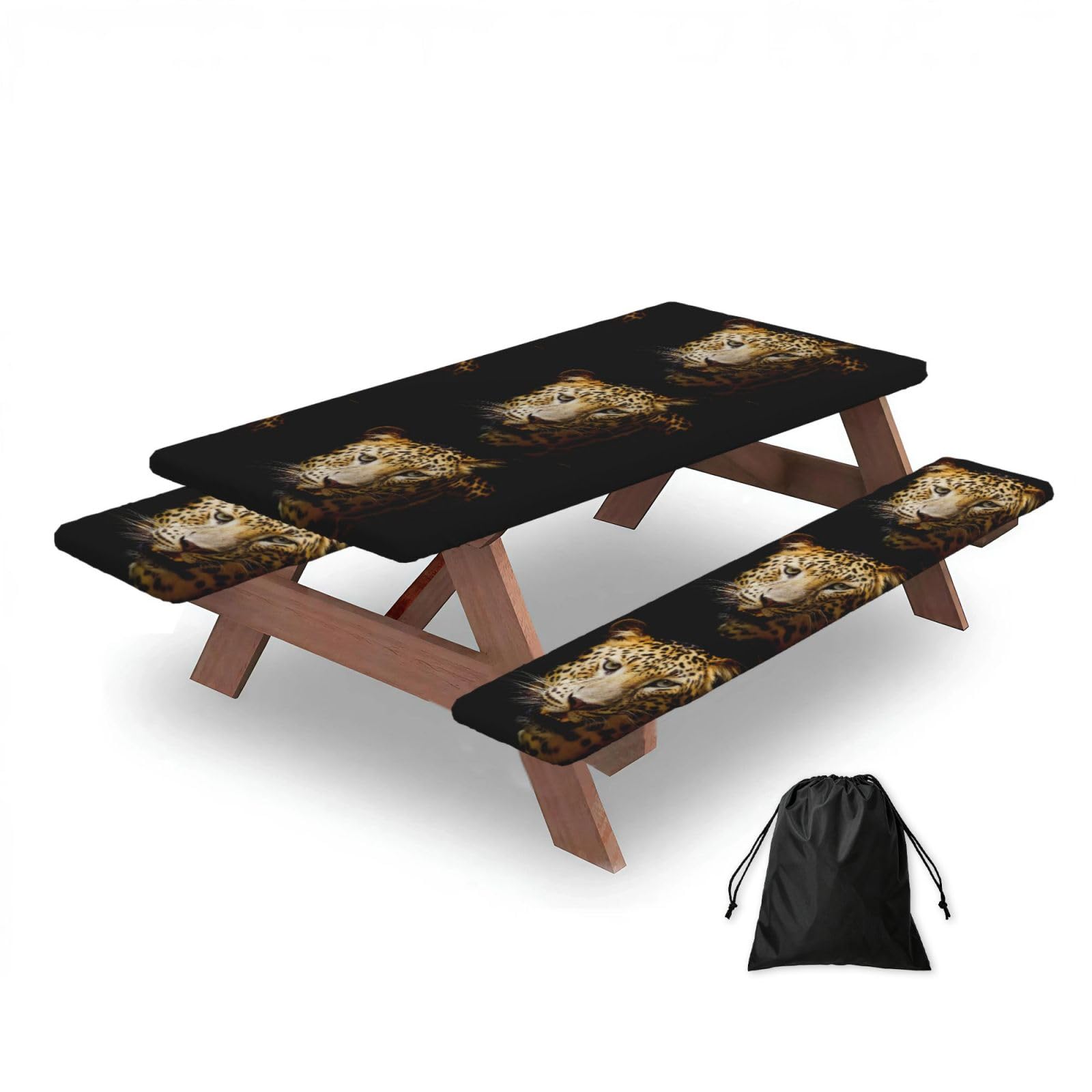 Dopklna As Picture Animal Cheetah, Picnic Table Cover With Bench Covers -Waterproof Elastic Fitted Tablecloth For Garden Camping Patio 76X152cm