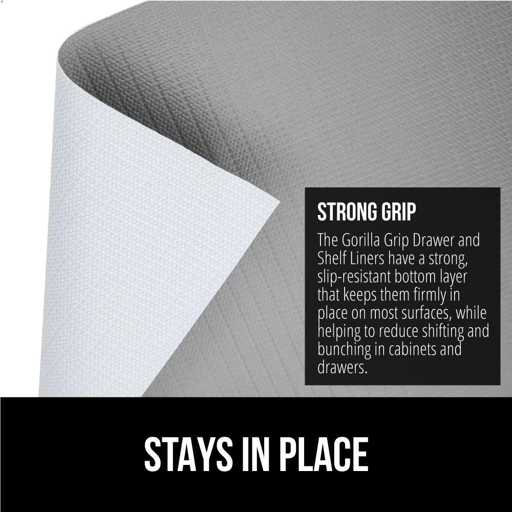 GORILLA GRIP DripGuard Shelf Liner, Non-Adhesive Drawer and Kitchen Cabinet Protector, Strong Grip Slip Resistant Underside, Smooth Surface Liners for Cabinets, Bathroom Closets 17.5x240 In Light Gray