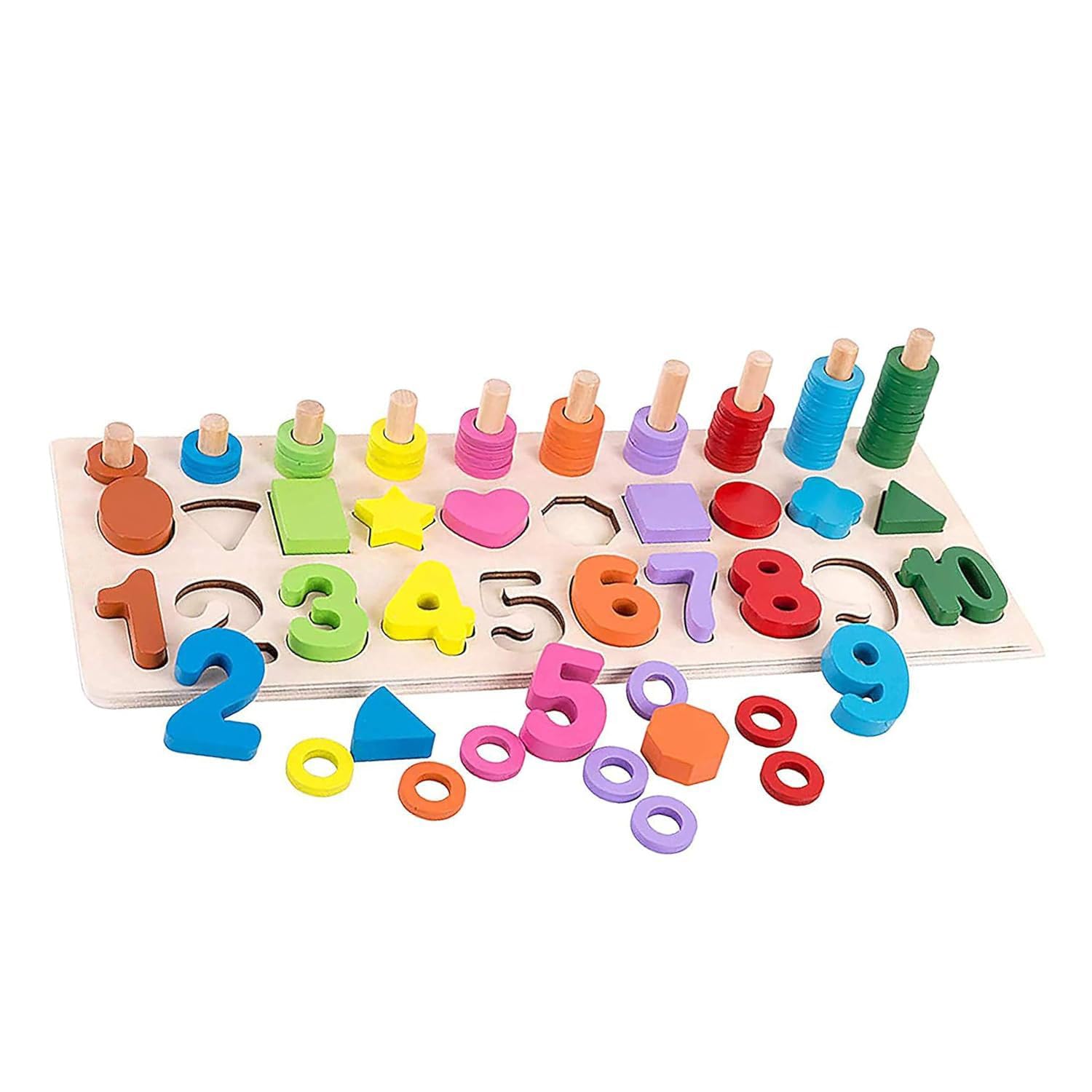 The Puzzl Co - 3-in-1 Wooden Block Puzzle for Kids 3+ Years – Shapes, Numbers & Stacking Rings Puzzle Board | Colorful Educational Toy | Montessori Wooden Game for Toddlers