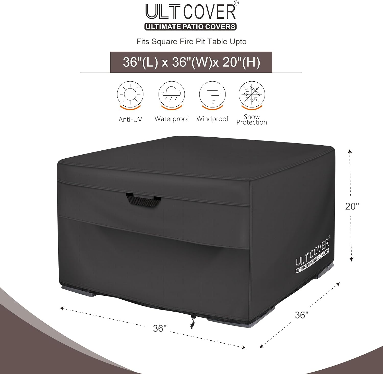 ultcover patio fire pit table cover square 36 inch outdoor waterproof fire bowl cover, black square-36x36x20 inch black