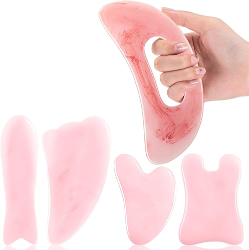 Treela Juego de 5 herramientas faciales de masaje Gua Sha y 1 herramienta de masaje corporal Gua Sha con asa, kit de masajeador Guasha para cara,