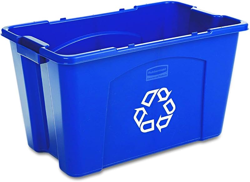 Rubbermaid Commercial Products Contenedor de reciclaje apilable, 18 galones, contenedor de almacenamiento azul, para uso en garaje/cocina para cajas/reciclaje de papel (paquete de 6)