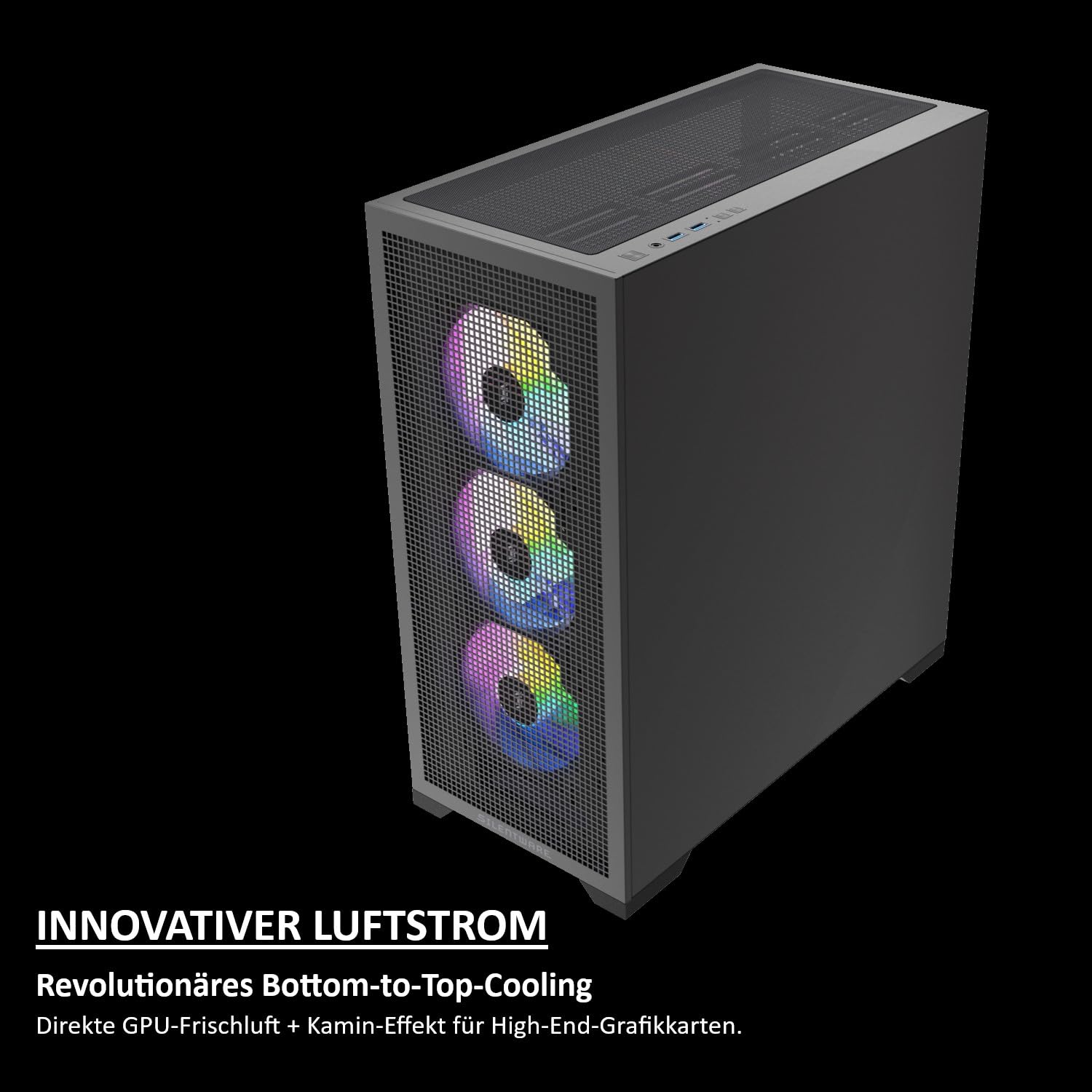 Core 100 A-RGB obudowa PC, ATX Mid-Tower, 4 x wentylator A-RGB PWM 120 mm, przód z siateczki, część boczna ze szkła hartowanego, czarna