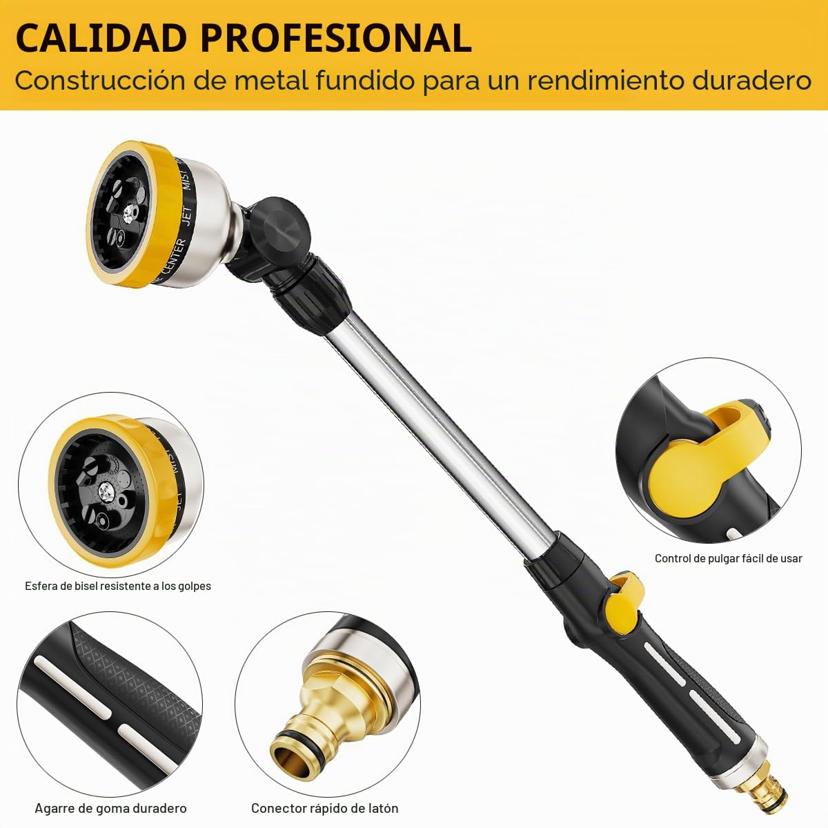 FANHAO Pistola de Riego Metálica, Largo Pistola de Agua para Jardín, 9 Modos Ajustables, Pistola de Manguera con Interruptor de Pulgar para Riego de Césped -Amarillo