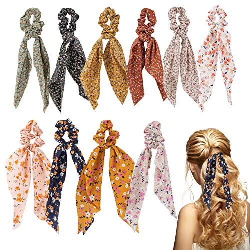 Framendino, 10 Pack Floral Hair Scarf Scrunchies Bowknot Hair Ties Elastic Ropes Floral Long Ribbon Bow Scrunchies for Girls Women Hair Accessories