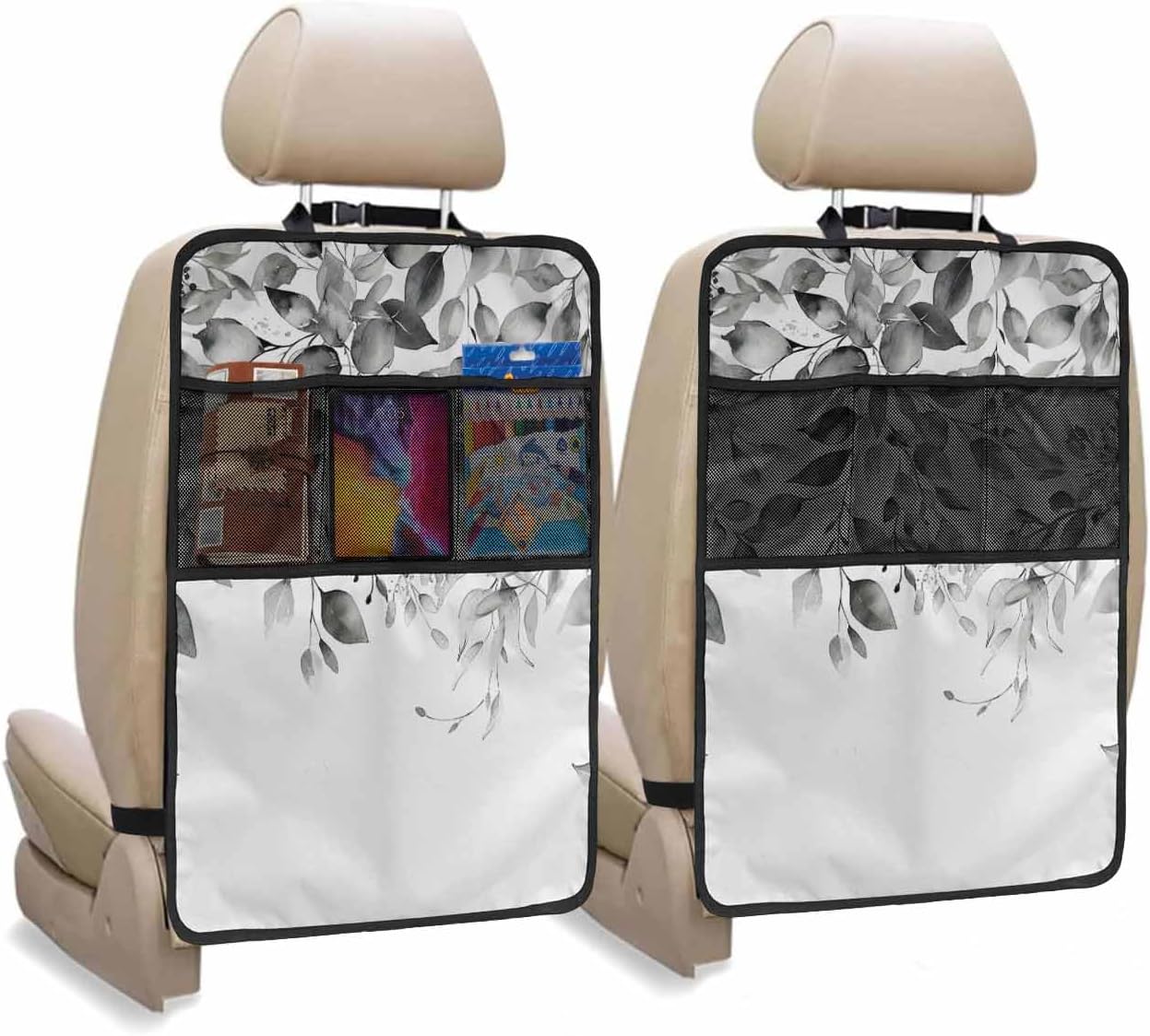 T&H XHome Car Seat Protector, 2 Pack Kick Mats Back Seat Protector Summer Rustic Watercolor Wild Flowers Beige Waterproof Backseat Cover for Kids Universal Fit Automotive Interior Protectors