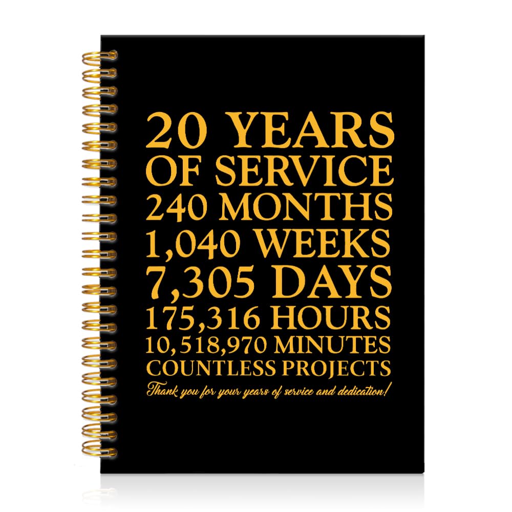 20 Years of Service Black Golden Thank You Spiral Notebook,20th Anniversary Work Commemoration, Staff Service Recognition Gifts,Thank You 20 Years Work Gifts for Coworkers