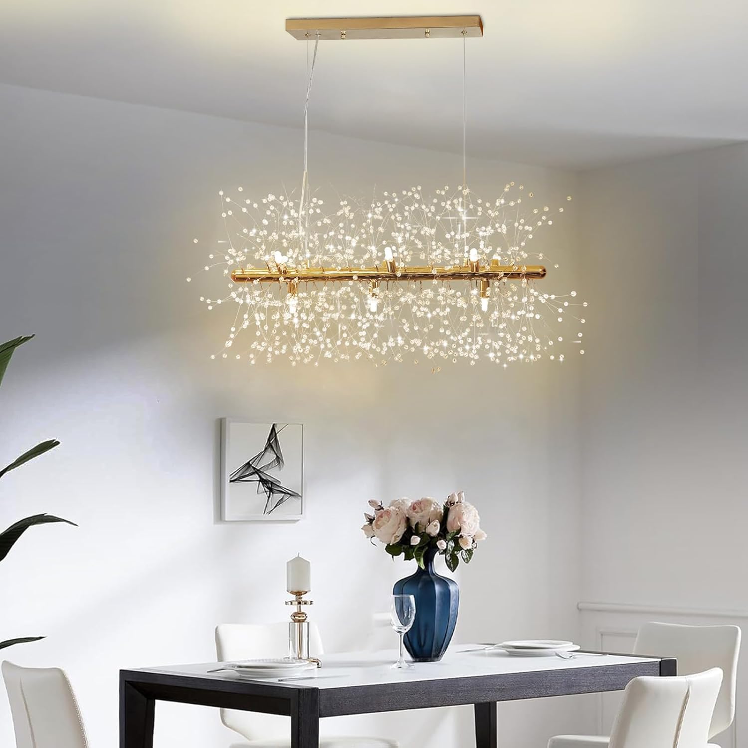 Współczesna lampa sufitowa LED Crystal Gold z 9 diodami w kształcie mniszka lekarskiego, 71 cm (28 cali), idealna do kuchni, jadalni i sypialni.