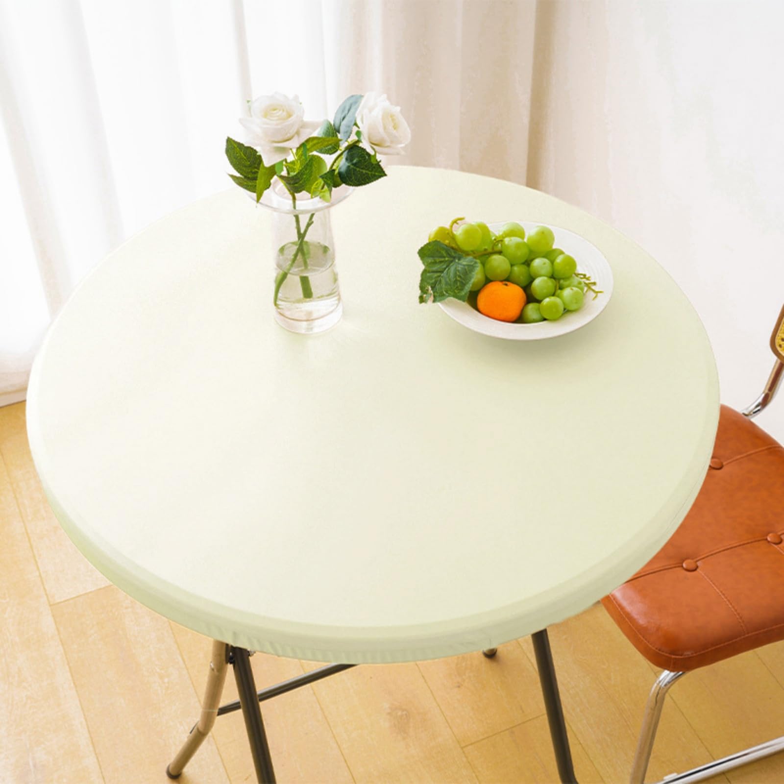Odot Round Tablecloth Waterproof Wipe Clean 60-140cm, PU Leather Round Outdoor Table Cover Fitted Elastic Edged Circle Table Cloth Protector Decorative for Kitchen Dining Room (Beige,130cm)