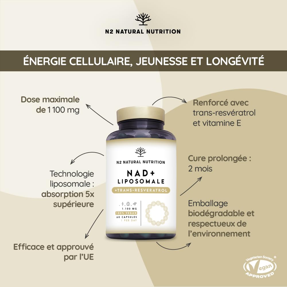 NAD+ Trans Resveratrol 1100 mg. Formule Liposomale avec Nicotinamide Riboside, Niacine et Vitamine E. Boost Métabolisme, Anti-Âge et Réparation Cellulaire. N2 Natural Nutrition