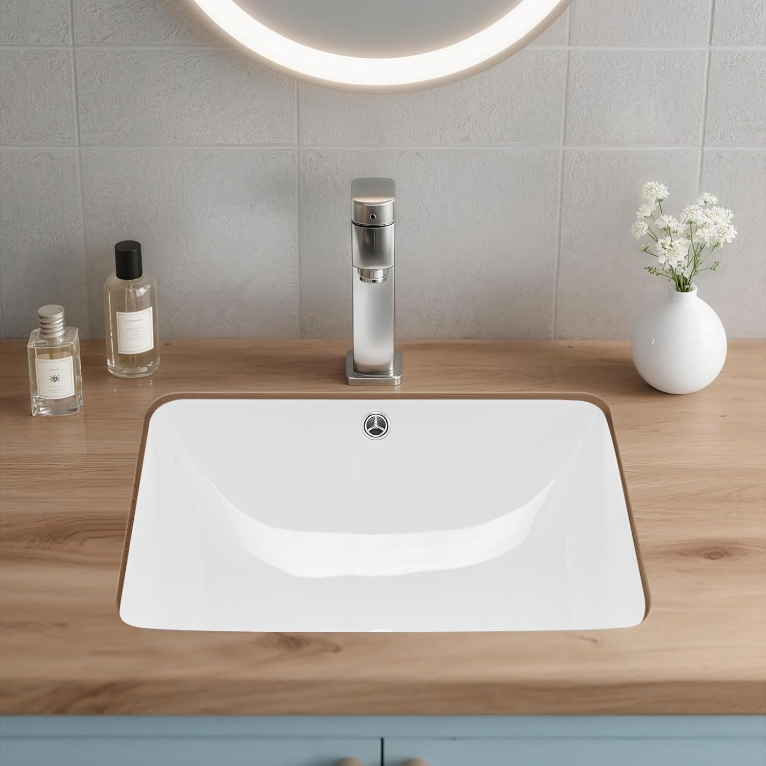 VEVOR Undermount Bathroom Sink, 20.28 x 15.16 Inch Rectangular White Ceramic Vessel Sink with Overflow Hole, Under Counter Drop in Modern Lavatory Vanity Bath Wash Bowl Basin, Rectangle Small Space