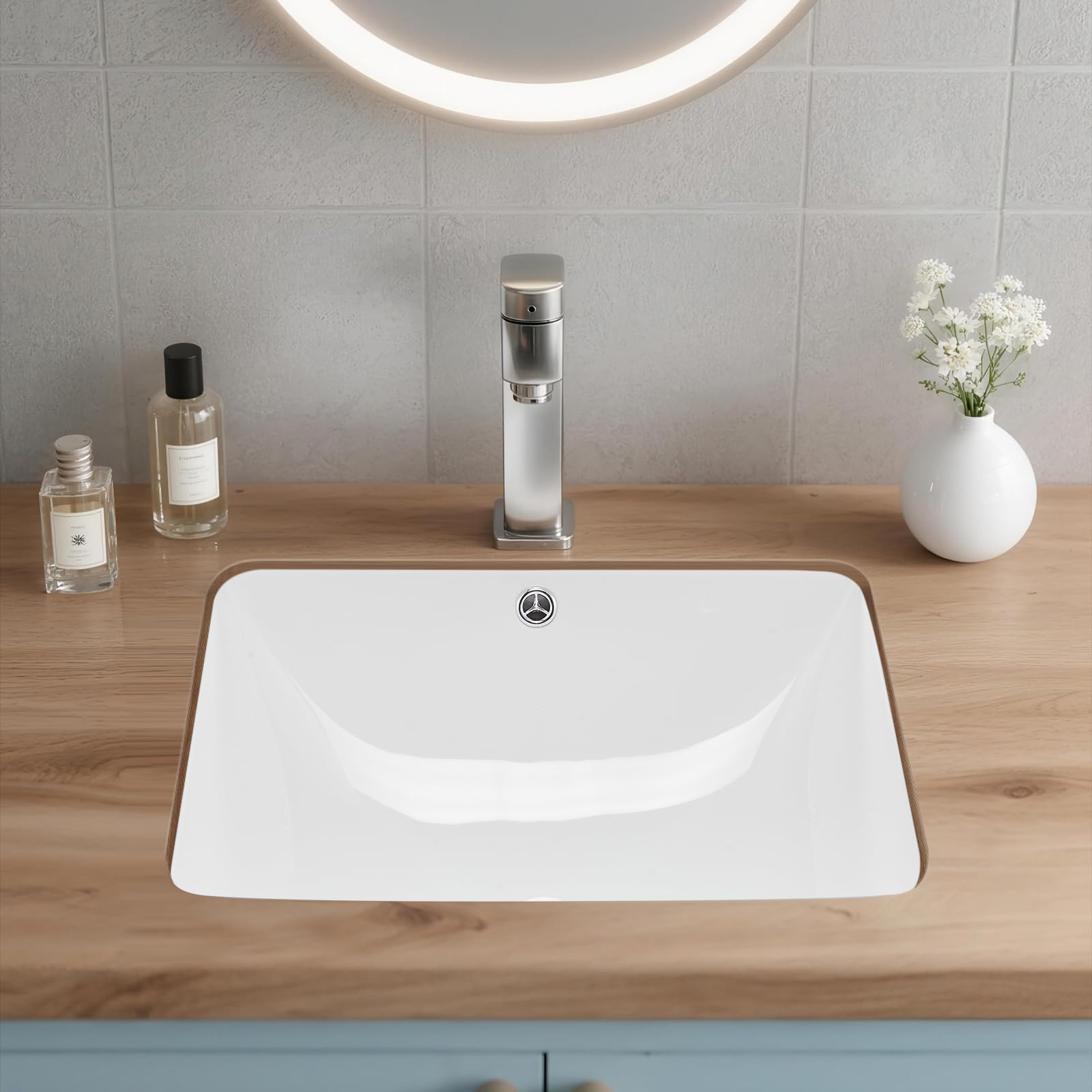 VEVOR Lavabo Bajo Encimera de Cerámica Rectangular, con Rebosadero, Fregadero de Cocina Moderno Bajo Encimera para Espacios Pequeños, Orificio de Desbordamiento, Color Blanco, 515 x 385 x 190 mm