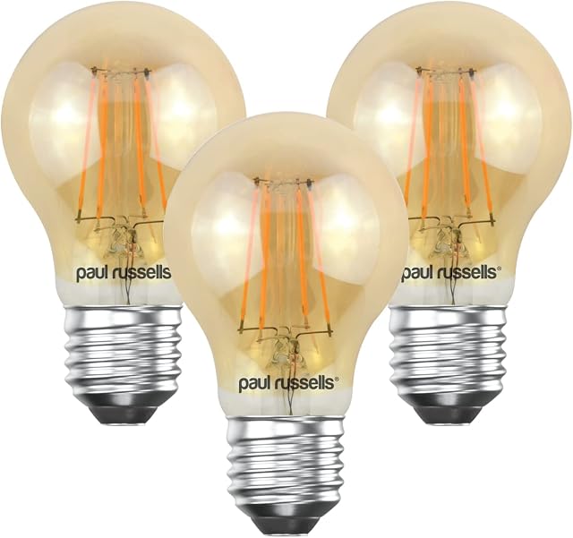 paul russells LED Filament GLS Light Bulbs Edison Screw Fitting Cap E27, 35w Equivalent A60 GLS Standard 4.5W 400LM LED Globe 2200K Amber Bulb Celling Energy Saving Lamp Pack of 3