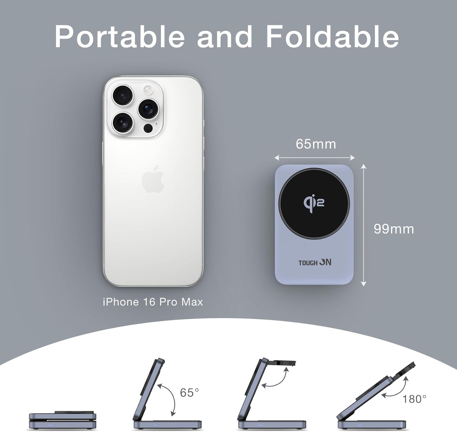 Comparison of the charger's size next to an iPhone 16 Pro Max, demonstrating its compact and foldable design with various adjustable angles.
