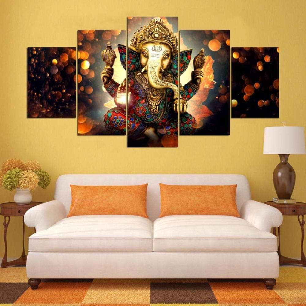 QQYYYT The elephant god style picture is the living room canvas painting 5 panels lord Ganesha Cuadros (Ganesha Cuadros) modern decorative painting