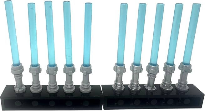 10 Red Minifigure Light Saber Sword Blade with 5 Grey and 5 Metallic Silver Hilts Weapons Compatible with Lego Star Wars Mini Figures Blue