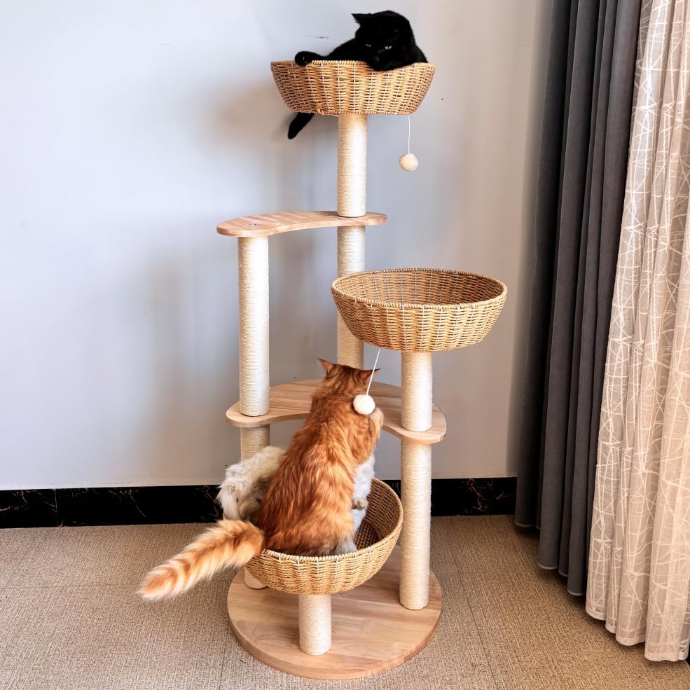 54" Modern Cat Tree for Large Cats, Wood Luxury Multi-Level Oak Solid Wood Cat Trees Cat Towers with 3 Rattan Weaving Cat Nests & Washable Cushions, Sisal Scratching Posts, for Indoor Cats-Lacquered Large-Oiled1