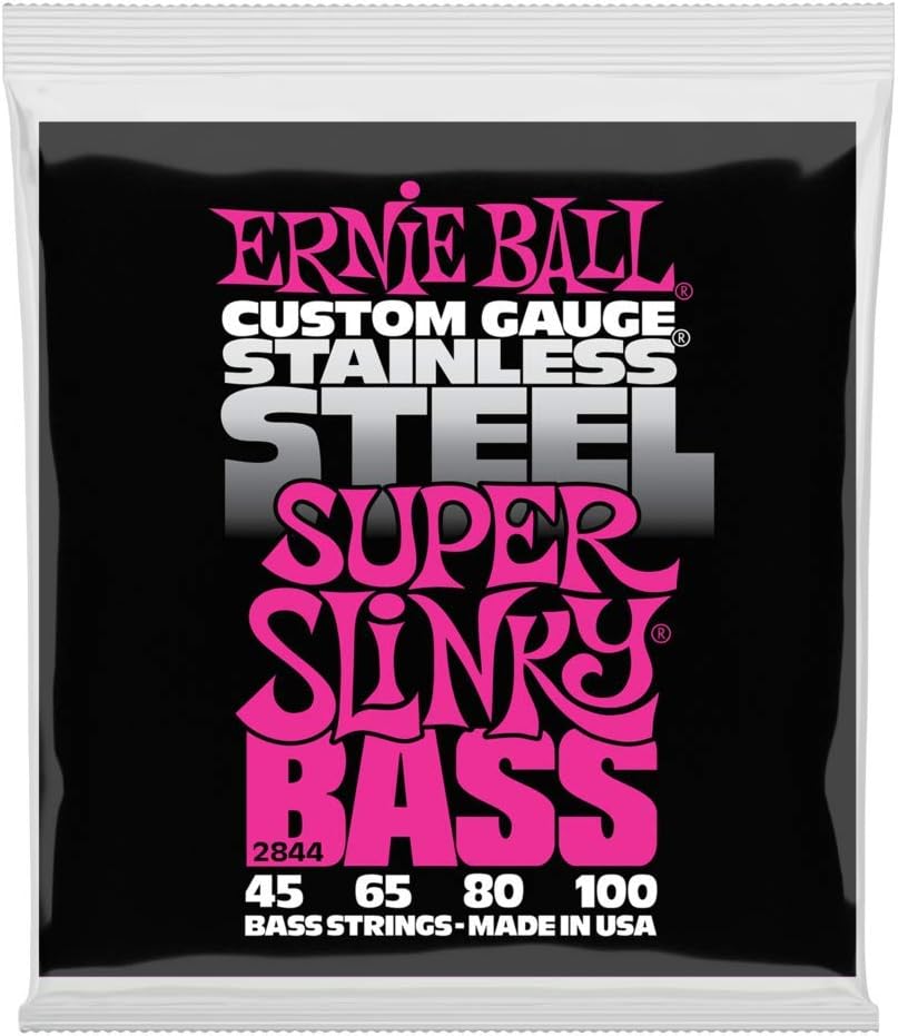 Ernie Ball Super Slinky Stainless Steel Bass Guitar Strings, 45-100 Gauge (P02844)