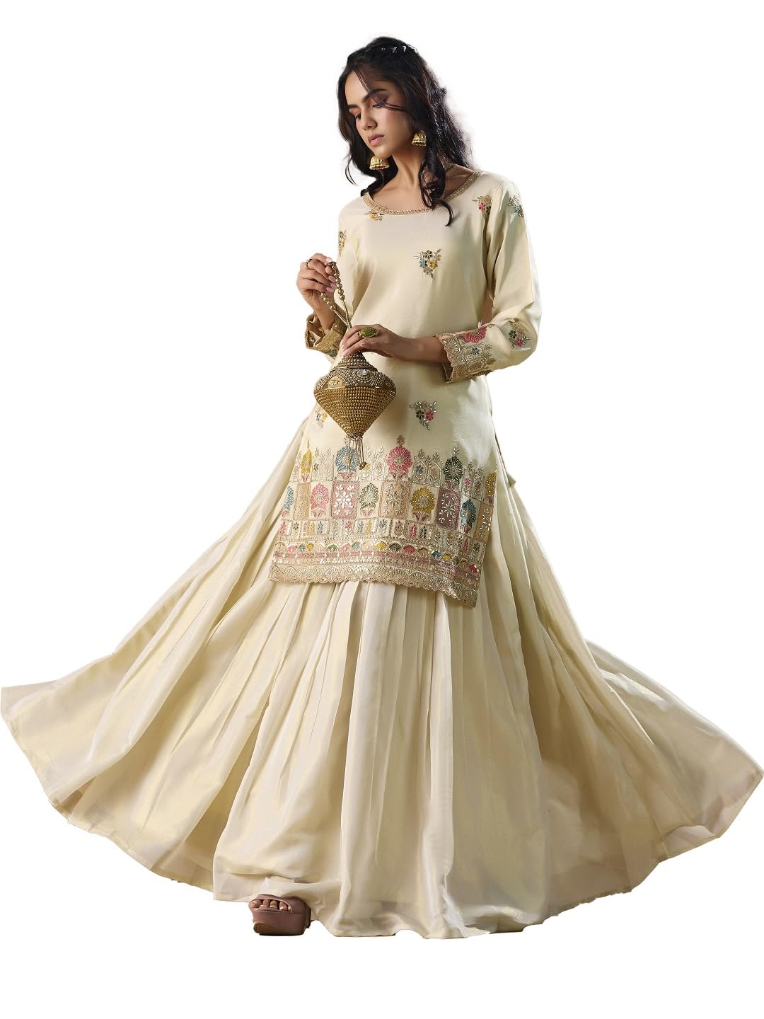 madhuram textiles Women'S Shimmar Top Skirt Set for Women Round Neck Embroidered Ethnic Wear Dress(M-2559 Off White)-picture-57