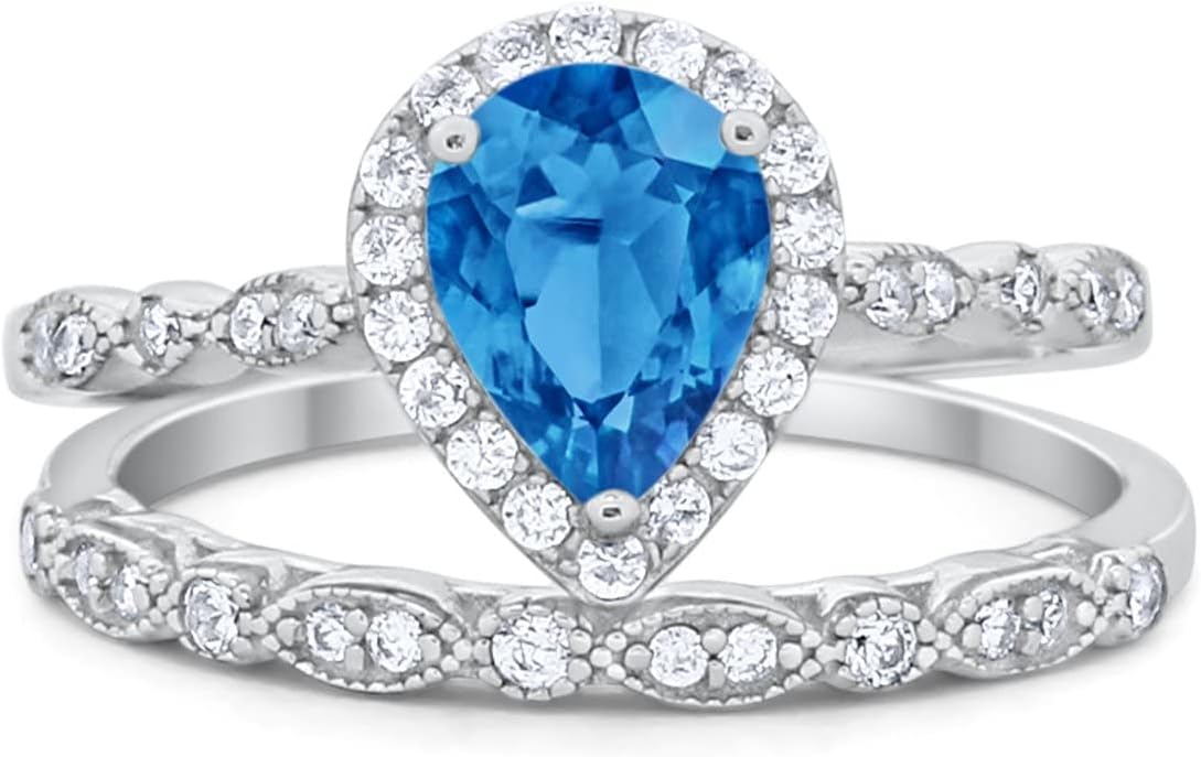 Blue Apple Co. Teardrop Art Deco Bridal Set Wedding Engagement Ring Band Pear Cubic Zirconia 925 Sterling Silver