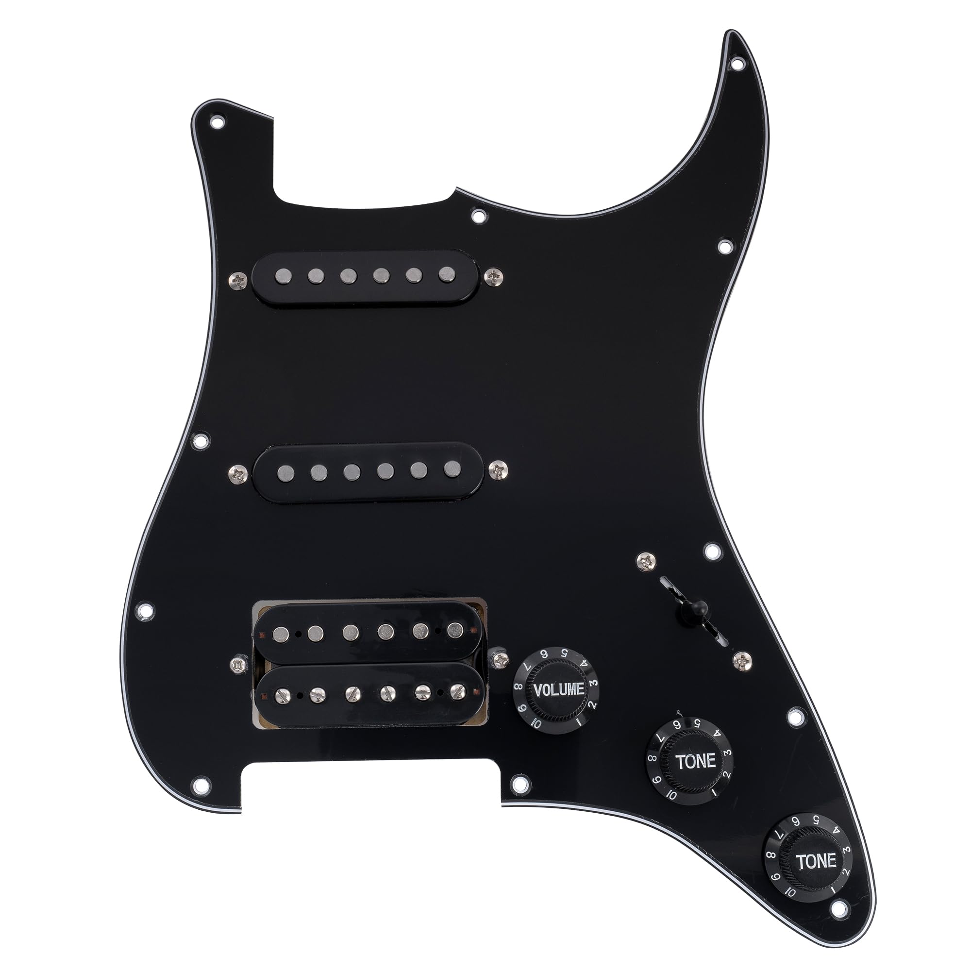 Musiclily Pro SSH 11 Hole Prewired Loaded Humbuckers Stratocaster Pickguard with Noiseless Alnico 5 Pickups Set for Strat Style Guitar,3Ply Black-picture-18
