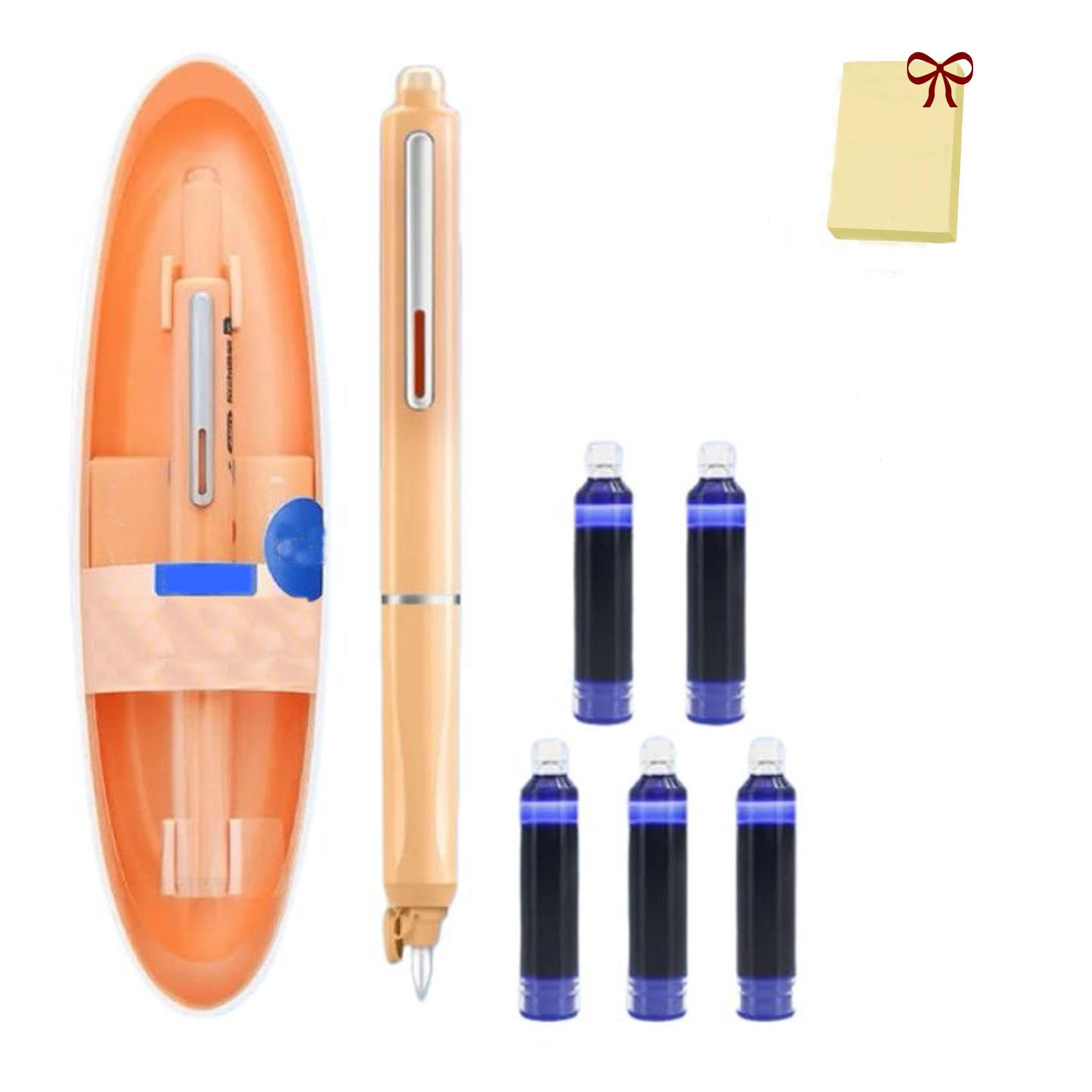 Retractable Fountain Pen, Multicolor Pressable Gel Pen, 0.38mm Blue&black Ink Barrel Includes 5 Refillable Ink Cartridges, Smooth Writing No Leaking (Orange,Erasable Blue)