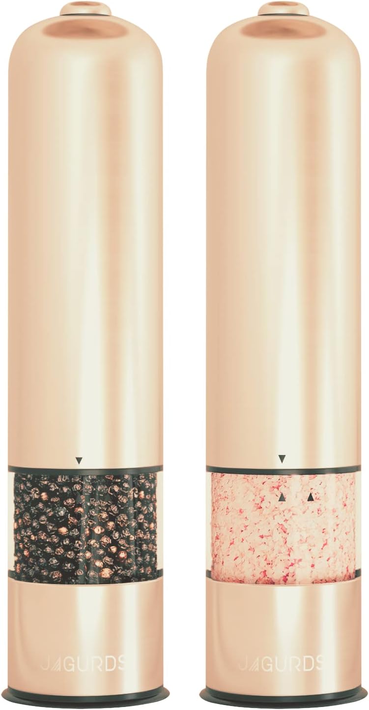 Electric Salt and Pepper Grinder Set - Automatic, Refillable, Battery Operated Stainless Steel Spice Mills with Light - One Handed Push Button Peppercorn Grinders and Sea Salt Mills